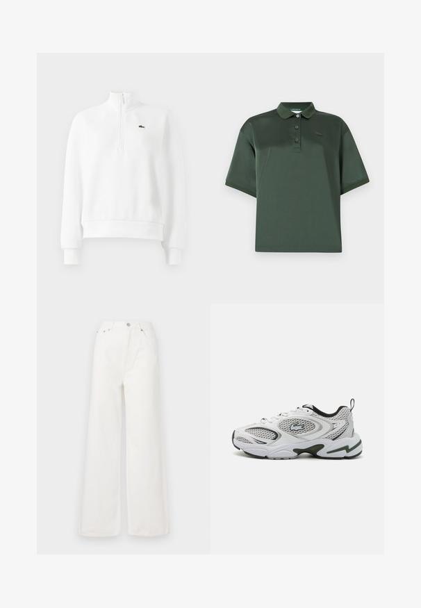 Sudadera blanca de manga larga con cremallera de cuarto, con puños y dobladillo acanalados, que presenta un pequeño logo de cocodrilo bordado en verde en el pecho.; Polo de color verde oscuro hecho de tela suave, con cuello, tres botones, mangas cortas y un discreto acento de logo en el pecho.; Jeans de mezclilla de cintura alta y pierna ancha en color blanco. Cuenta con bolsillos delanteros, un cierre de botón y detalles de dobladillo deshilachado.; Zapatillas deportivas blancas con paneles de malla, acentos en negro y una suela texturizada. Presentan un diseño elegante y un logotipo prominente en el lateral.