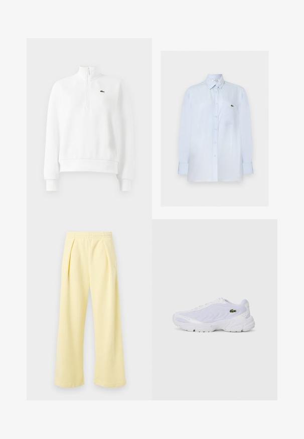 Hvid langæret sweatshirt med kvart-zip, ribbede manchetter og kant, med et lille grønt broderet krokodille-logo på brystet.; Lyseblå skjorte med lange ærmer og knapper, med brystlomme og lille grønt krokodillelogo på lommen.; Gule bukser med vide ben og ribbet struktur samt elastisk talje. Har frontplisseringer og et lille broderet motiv på siden.; Hvide atletiske sko med mesh-overdel, tekstureret design og polstret krave. Har grønt logo på siden og polstret sål for komfort.