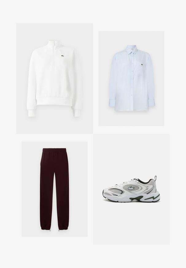 Witte langemouwen sweatshirt met kwart rits, ribgebreide manchetten en zoom, met een klein groen geborduurd krokodillogo op de borst.; Lichtblauw overhemd met lange mouwen en knopen, met borstzak en klein groen krokodillenlogo op de zak.; Donker bordeauxkleurige joggerbroek met elastische taille, elastische boorden en smalle taps toelopende pijpen, weergegeven op een effen lichte achtergrond.; Witte sportschoenen met meshpanelen, zwarte accenten en een gestructureerde zool. Heeft een strak ontwerp en een opvallend logo aan de zijkant.