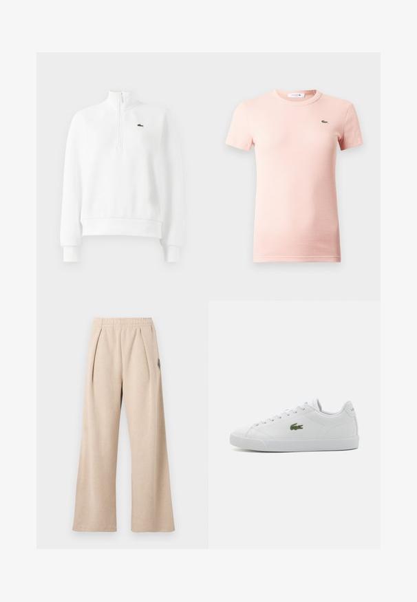 Sudadera blanca de manga larga con cremallera de cuarto, con puños y dobladillo acanalados, que presenta un pequeño logo de cocodrilo bordado en verde en el pecho.; Camiseta de manga corta con ribetes en rosa claro, cuello redondo y un pequeño logo de cocodrilo verde de Lacoste en el pecho izquierdo.; Pantalones beige de pierna ancha con un tejido texturizado, que presentan pliegues frontales y una cintura elástica. Detallados con un sutil acento de logo.; Zapatilla de cuero blanca con punta redondeada, diseño de cordones, logo de cocodrilo bordado en verde y suela de goma texturizada.