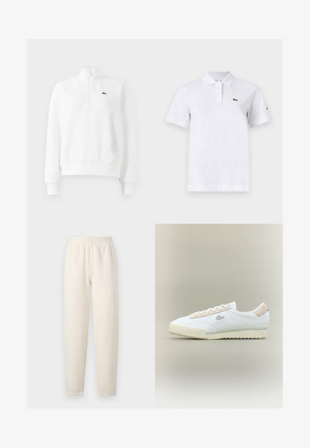 Hvid langæret sweatshirt med kvart-zip, ribbede manchetter og kant, med et lille grønt broderet krokodille-logo på brystet.; Hvid polo-shirt med korte ærmer med to knapper, en lille grøn krokodille-logo på venstre bryst og et diskret sort logo på venstre ærme.; Cremefarvede sweatpants lavet af blødt stof. Har en elastisk talje og tapered ben design med subtile stikningsdetaljer.; Hvide lædersneakers med en beige ruskindsdetalje. Har en rund tå, flade snørebånd og en tekstureret sål. Lacoste-logo på siden.