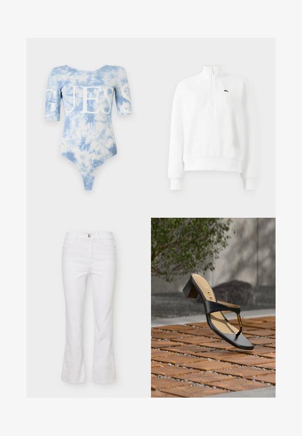 Weißes Sweatshirt mit langen Ärmeln und Viertelreißverschluss, mit gerippten Bündchen und Saum, auf der Brust mit einem kleinen, grünen, bestickten Krokodil-Logo.; Blaue Batik-Bodysuit mit kurzen Ärmeln und rundem Halsausschnitt. Großes weißes "GUESS"-Logo auf der Vorderseite, mit hoch geschnittenem Saum.; Weiße Jeans aus Denim mit mittelhohem Bund, vorderem Knopf und Reißverschluss, fünf Taschen und dezentem Blumenstickerei nahe den ausgestellten Säumen.; Schwarze Sandalette mit Absatz, Zehenschlaufe und goldenem Akzent, auf einer Holz- und Steinpflasteroberfläche im Freien nahe Grünflächen platziert.