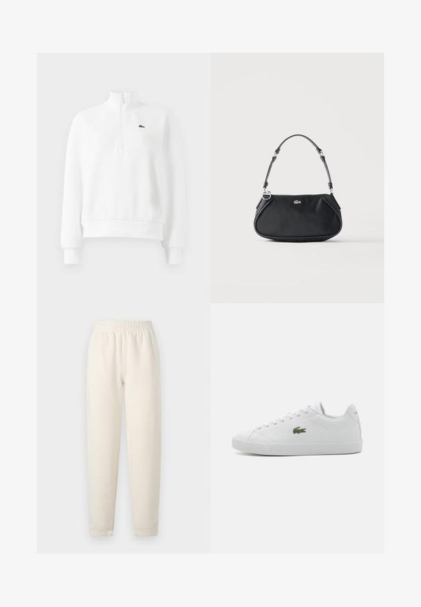 Hvid langæret sweatshirt med kvart-zip, ribbede manchetter og kant, med et lille grønt broderet krokodille-logo på brystet.; Cremefarvede sweatpants lavet af blødt stof. Har en elastisk talje og tapered ben design med subtile stikningsdetaljer.; Hvide lædersneakers med rund tå, snøre-design, grøn broderet krokodille-logo og struktureret gummisål.; Sort skuldertaske med justerbar rem, lynlås og lille sølv krokodille logo foran i midten.