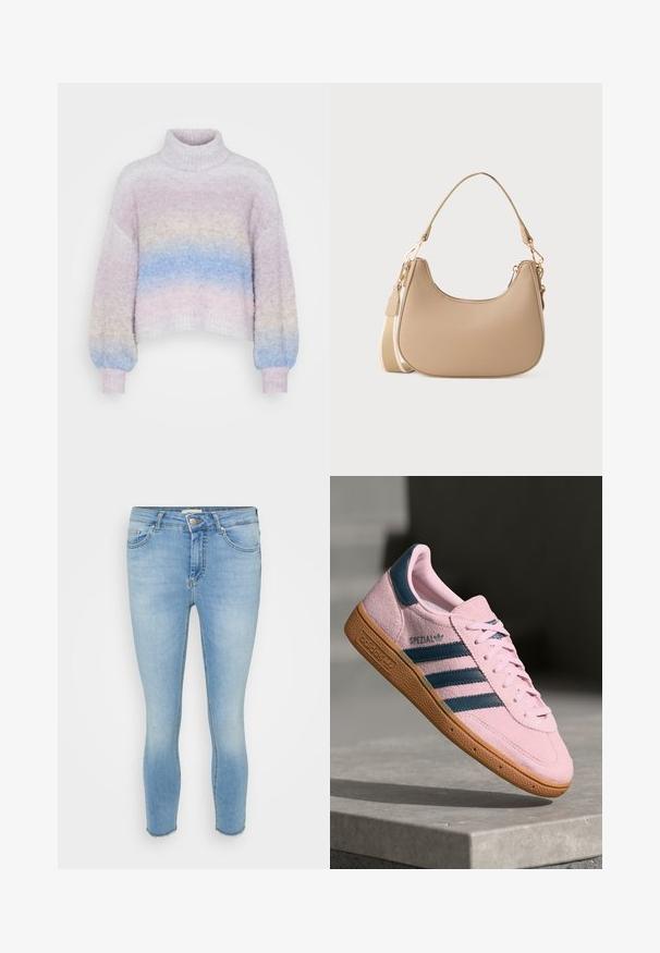 Gehaakte coltrui in pasteltinten, met een verloop van roze, paars en blauw. Oversized pasvorm met geribbelde manchetten en zoom.; Lichtblauwe skinny jeans van denim. Voorzien van een standaard tailleband met knoopsluiting en rafelige zomen bij de enkels. Versleten details aanwezig.; Lichtroze suède sneaker met marineblauwe drie strepen, rubberen zool en lichtroze veters. Heeft het "SPEZIAL"-logo aan de zijkant.; Kleine beige schoudertas met een gebogen bovenkant, afneembare lange strap en vergulde sluitingen tegen een effen witte achtergrond.