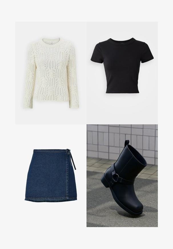 Weißer Spitzenstrickpullover mit langen Ärmeln, Rundhals und filigranen Blattformen. Leichte Textur und offenes Gewebedesign.; Schwarzes, cropped T-Shirt aus festem Baumwollstoff, mit kurzen Ärmeln und rundem Halsauschnitt, das ein glattes und einfaches Design aufweist.; Jeansrock mit Wickeldesign, dunkelblauer Farbe und gebundenem Taillenbund. Verfügt über Stichdetails entlang dem Saum und der Seitennaht.; Schwarzer Leder-Knöchelstiefel mit Riemen und Metallring-Detail, dargestellt auf grauem Gehweg mit gefliester Wand im Hintergrund.