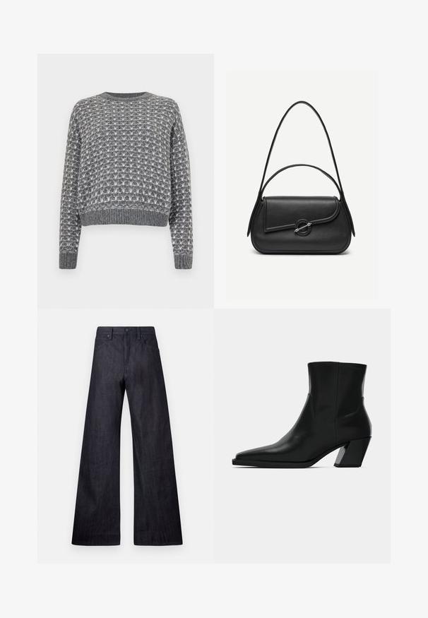 Noisy May NMMAELYS O NECK - Strickpullover - charcoal gray/cloud dancer; Weite dunkelblaue Jeans mit glatter Textur, traditionellem Fünf-Taschen-Design und einem dezenten Glanz, ausgestattet mit einem Knopfverschluss.; Schwarze Leder-Stiefelette mit spitzem Zeh, schlanker Silhouette und klobigem quadratischem Absatz. Glatte Textur mit minimalen Nähdetails.; Schwarze Lederhandtasche mit abgerundeten Kanten, asymmetrischem Überschlag, metallfarbenem runden Verschluss und kurzen sowie langen Schulterriemen.