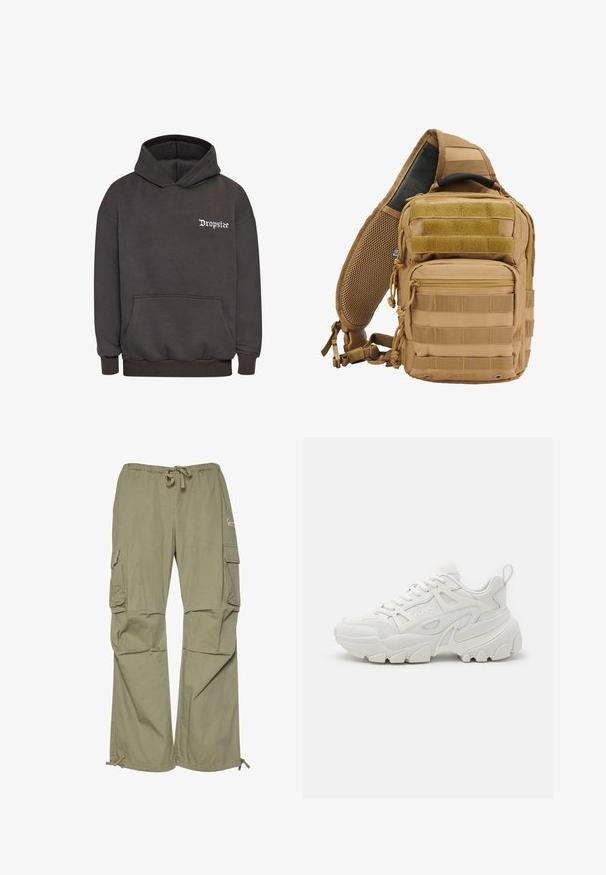 Dropsize DROPSIZE HERREN DROPSIZE HEAVY CLOUD DOVE HOODIE - Hættetrøje - washed black; Cargo bukser i olivengrøn, lavet af let stof, med elastisk talje, justerbare manchetter og flere sidelommer.; Hvide atletiske sneakers med en struktureret overdel, netpaneler, fremtrædende gummisål og dekorative udsparinger på siden.; Tan taktisk rygsæk med flere lommer, webbing remme, polstret mesh ryg, lynlåse og forstærkede sømme for holdbarhed.