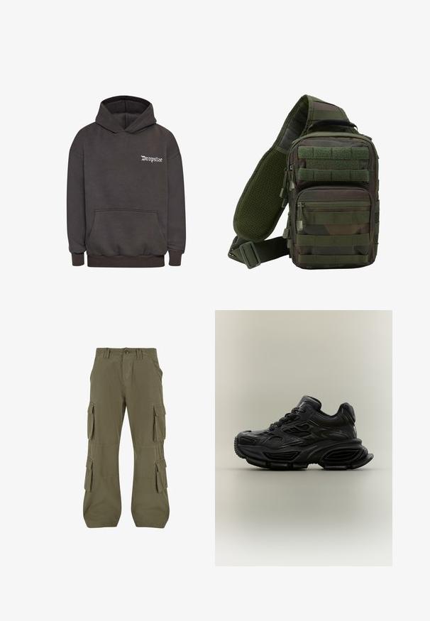 Dropsize DROPSIZE HERREN DROPSIZE HEAVY CLOUD DOVE HOODIE - Jersey con capucha - washed black; Pantalones cargo en verde olivo. Fabricados en algodón, con múltiples bolsillos laterales, corte recto y detalles de costura visibles.; Zapatilla deportiva negra y gruesa con diseño texturizado, suela gruesa y cierre de cordones mostrada sobre un fondo neutro y sencillo.; Mochila tipo bandolera en camuflaje verde con múltiples bolsillos con cremallera, una correa ajustable y un panel trasero de malla para ventilación.
