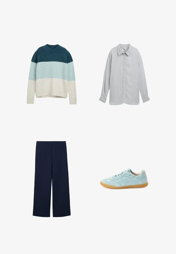 Striktrøje med rund halsudskæring, tre vandrette striber i mørk teal, lys blå og creme, samt ribbede manchetter og kant.; Grå langærmet skjorte med knaplukning og krave, lavet af letvægtsstof og med en subtil tekstur samt hvide knapper.; Marineblå brede bukser lavet af letvægtigt stof, med et rent design og lige snit, forsynet med sidelommer og uden synlige lukninger.; Lyseblå ruskindsneaker med rundet tå, hvide detaljer og tekstureret sål af gummigummi. Har seks snørehuller og et minimalistisk design.