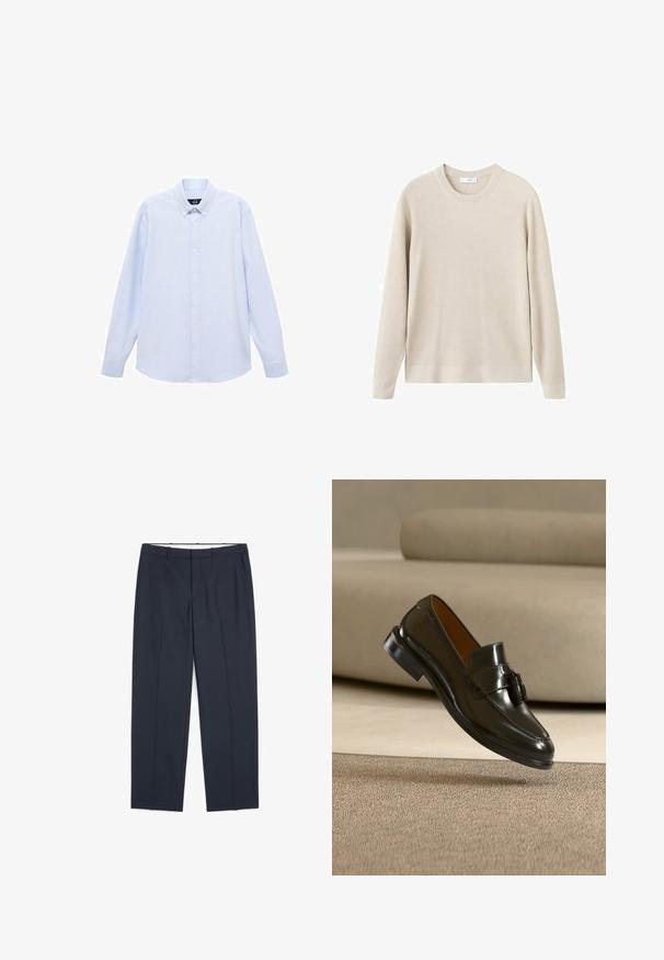 Beige ribbestrikket sweater med lange ærmer og rund halsudskæring. Fremstillet af et blødt materiale, med en afslappet pasform og minimal detaljering.; Lyseblå langærmet skjorte med knapper og klassisk krave, lige bund og subtil tekstur. Har en central knaplukning.; Mænds mørkeblå formelle bukser med bæltestropper, for-lynlås, sidelommer og pressede læg ned langs benene på hvid baggrund.; Sort læder tasselloafer flydende over beige tæppe med en beige sofa i baggrunden.