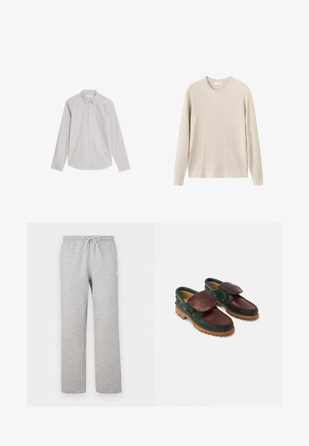 Pull beige côtelé à manches longues et col rond. Fabriqué dans un matériau doux, il présente une coupe décontractée et des détails minimaux.; Marks & Spencer STRIPED OXFORD - Chemise - natural mix; Pantalon de survêtement gris avec taille élastique et cordon de serrage. Confectionné en tissu doux, il présente des jambes droites et un détail de logo discret.; Chaussures en cuir avec un corps vert foncé, un dessus bordeaux, un bout rond, un rabat sécurisé et une semelle en caoutchouc texturée avec des rainures.