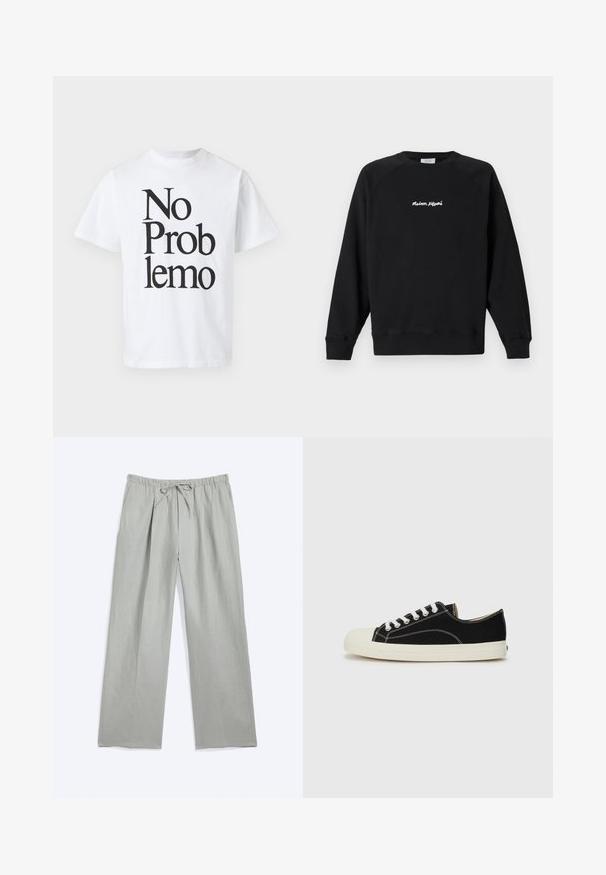 Sweatshirt noir à manches longues avec col rond, avec le texte blanc "Maison Kitsuné" centré sur la poitrine, présenté sur un fond clair uni.; T-shirt en coton blanc avec du texte noir disant "No Problemo" dans différentes tailles de police. Design classique à col rond avec des manches courtes.; Pantalon ample gris clair avec taille élastique et cordon de serrage à l’avant, doté de jambes larges droites et de plis sur les coutures avant.; Baskets en toile noires avec des coutures blanches, un embout rond en caoutchouc et des lacets blancs. Présente un dessus en tissu texturé et une semelle beige.