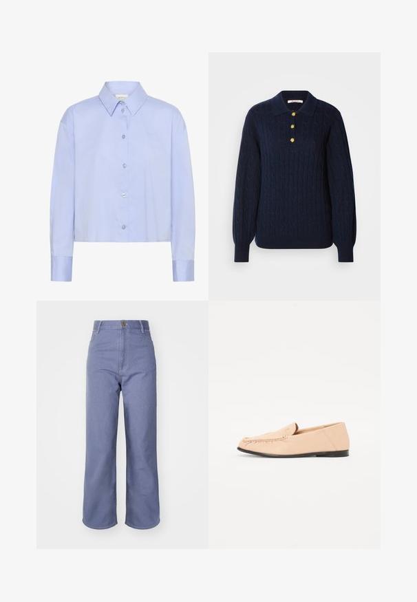 Pull-over en maille torsadée bleu marine avec un col à revers, orné de trois boutons dorés et des poignets côtelés. Texture douce avec une coupe décontractée.; Chemise boutonnée cropped bleu clair avec un col, des manches longues et des boutons transparents. Détail du logo subtil sur la poitrine.; Jeans large en denim bleu clair, dotés d'une taille haute, d'une fermeture à bouton à l'avant et de coutures visibles sur les poches et les coutures.; Mocassins en cuir beige avec des détails brodés, une semelle noire plate et un bout arrondi. Design minimaliste sans quincaillerie ou accents visibles.