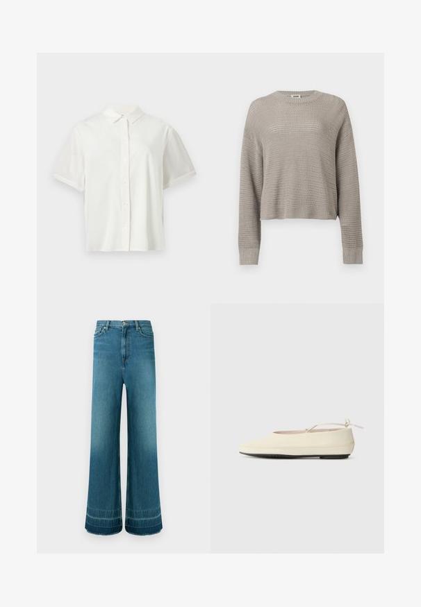 Pull gris clair à manches longues en maille, col rond et poignets côtelés, présentant un motif ajouré ample sur toute la surface.; Chemise blanche à manches courtes avec boutons et col, présentée à plat sur un fond blanc uni.; Jean denim bleu taille haute à jambes larges, cinq poches, fermeture à boutons et légère décoloration près des ourlets.; Des chaussures plates de couleur crème avec un bout arrondi, une sangle à la cheville et une semelle en caoutchouc noir contrastante. Matériau lisse avec un detailing minimal.