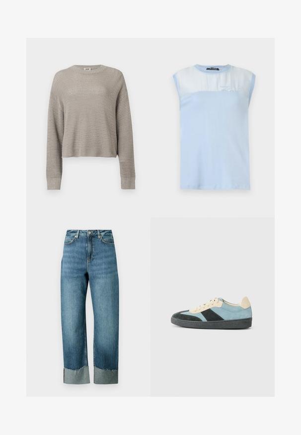 Pull gris clair à manches longues en maille, col rond et poignets côtelés, présentant un motif ajouré ample sur toute la surface.; Haut sans manches bleu clair en coton lisse, avec une partie supérieure transparente et un détail brodé "Karl" à l'avant.; Jean en denim bleu clair avec une coupe ample et droite. Caractérisé par un ourlet effiloché et un détail de revers contrastant. Conception à cinq poches avec fermeture par bouton.; Baskets basses en suède bleu clair, vert foncé et beige avec semelle noire et lacets beiges, présentées de l'extérieur.