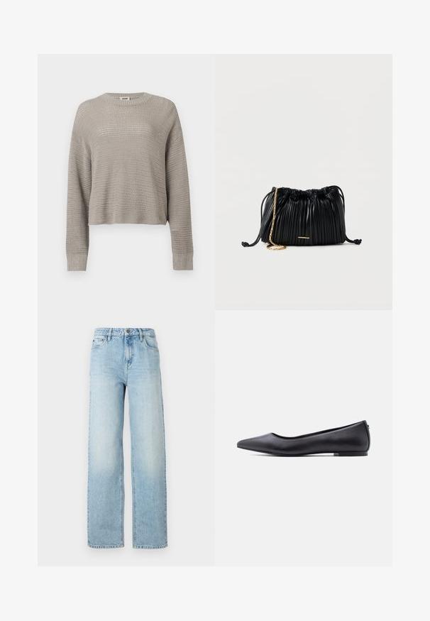 Lysegrå strikket trøje med lange ærmer, rund hals og ribstrikkede manchetter, med et løst, åbent vævemønster over det hele.; Lysblå denim bukser med vid ben, klassisk fem-lomme-design, knaplukning og subtilt slitage for tekstur.; Sort flad lædersko med spidst tåparti og lav hæl, vist i sideprofil mod en hvid baggrund.; Sort læderhåndtaske med plisseringer, snorelukning, guldkæde som rem og lille horisontalt guldakcent foran.