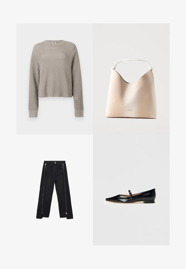 Lysegrå strikket trøje med lange ærmer, rund hals og ribstrikkede manchetter, med et løst, åbent vævemønster over det hele.; Sorte denimjeans med lige ben-design, der har guld lynlåse langs siderne og almindelige lommer ved taljen.; Sorte patenterede læder Mary Jane flade sko med spids tå, én rem og lav hæl på ensfarvet baggrund.; Beige DKNY håndtaske med buet top og enkelt hvidt håndtag, tekstureret overflade, minimalistisk design og lille centreret logo foran.