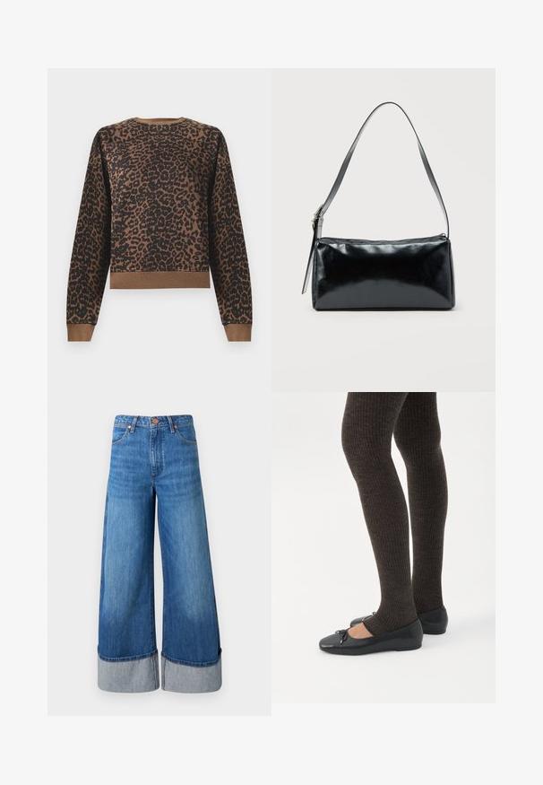 Pull long à manches longues avec un motif léopard marron et noir, incluant des poignets, un col et un ourlet côtelés, sur un fond blanc.; Jeans en denim à jambes larges de couleur bleu moyen. Présentent une taille haute, des ourlets retroussés en denim plus clair, et un design classique à cinq poches avec des accents en métal.; Jambes portant des leggings côtelés foncés associés à des ballerines noires avec de petits détails en nœud sur fond blanc.; Sac d'épaule rectangulaire noir avec une sangle réglable unique et une fermeture éclair supérieure sur un fond uni.