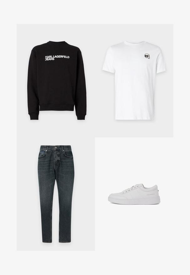 Sudadera negra con cuello redondo y puños acanalados. Presenta el texto blanco "KARL LAGERFELD JEANS" en la parte delantera. Material suave.; Camiseta de algodón blanca con un pequeño gráfico en blanco y negro en el área del pecho izquierdo. Cuello redondo clásico y mangas cortas.; Jeans de mezclilla gris oscuro con un diseño de pierna recta, cinco bolsillos, cierre de botón y un ligero desgaste. Hechos de algodón con una textura suave.; Zapatillas de cuero blanco con un diseño clásico de corte bajo, suela plana y un sutil logo de la marca en el talón. Cuenta con cinco ojales metálicos para los cordones.