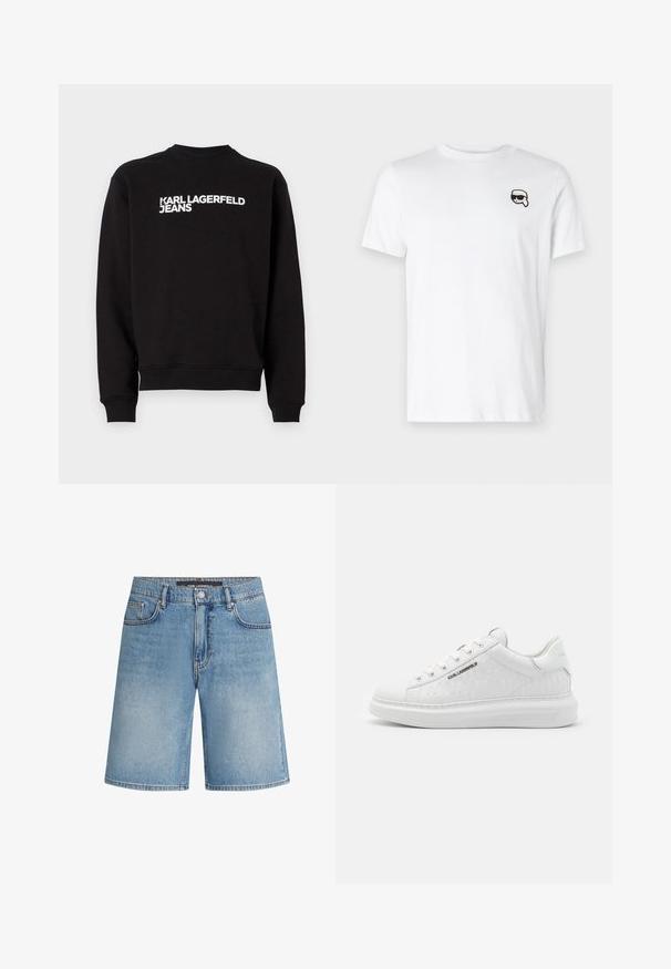 Čierna mikina s okrúhlym výstrihom a rebrovanými manžetami. Na prednej strane obsahuje biely nápis "KARL LAGERFELD JEANS". Mäkkó materiál.; Biela bavlnená tričko s malou čiernobielou grafikou na ľavej hrudi. Klasický okrúhly výstrih a krátke rukávy.; Džínsové šortky vo svetlom odtieni modrej, s klasickým strihom, piatimi vreckami a kontrastným prešitím. Dokončené štandardným pásom a zatváraním na gombík.; Biele tenisky vyrobené z hladkej kože s embosovaným vzorom. Majú okrúhlu špičku, šnurovanie v prednej časti a textúrovanú podrážku. Strieborný detail loga na boku.