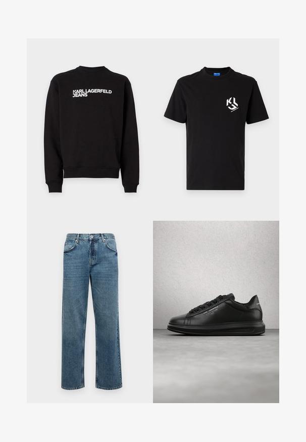 Čierna mikina s okrúhlym výstrihom a rebrovanými manžetami. Na prednej strane obsahuje biely nápis "KARL LAGERFELD JEANS". Mäkkó materiál.; Čierne bavlnené tričko s bielou grafikou na ľavej strane hrude. Okrúhly výstrih, krátke rukávy a klasický strih.; Modré džínsy s rovnými nohavicami, ktoré majú päť vreciek, zapínanie na gombík a zips, a viditeľné švy.; Osoba nosiaca čierne tenisky Karl Lagerfeld s čiernymi nohavicami, stojaca na drevenej parketovej podlahe proti bielej doskovanej stene.