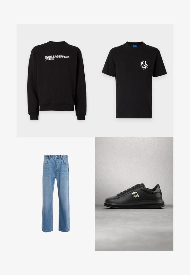 Schwarzer Sweatshirt mit rundem Halsausschnitt und gerippten Bündchen. Trägt den weißen Text "KARL LAGERFELD JEANS" auf der Vorderseite. Weiches Material.; Schwarzes Baumwoll-T-Shirt mit einem weißen Grafikdesign auf der linken Brustseite. Rundhalsausschnitt, kurze Ärmel und klassischer Schnitt.; Helle blaue Jeans im Geradeschnitt-Design, mit fünf Taschen, Knopfverschluss, minimaler Ausbleichung und kontrastierenden Nähdetails.; Person trägt schwarze Lederhosen und schwarze Sneakers mit einem kleinen Comic-Charakter-Anhänger an der Seite, steht auf einem Holzboden.