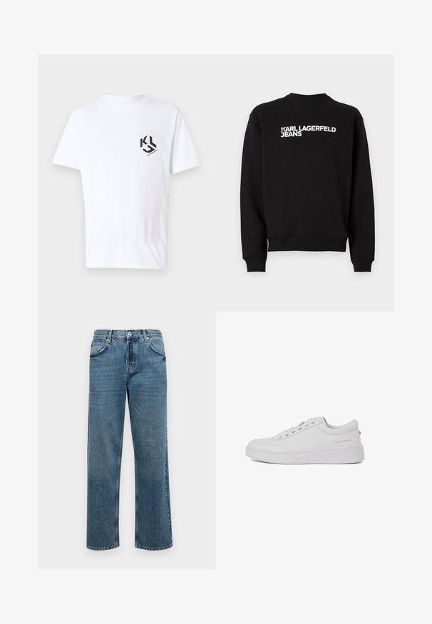 Must musträpiga sweatshirt ümmarguse kaelusega ja ribadega käistes. Esiosas on valge kiri "KARL LAGERFELD JEANS". Pehme materjal.; Valge puuvillane t-särk lühikeste varrukatega, millel on must graafiline logo vasakul rinnus. Sile tekstuur ja ümar kaelus.; Sinine denimist teksapüks, sirge lõikega, viis taskut, nööp- ja tõmblukkude sulgemine ning nähtavad õmblused.; Valge nahast tennisetossud klassikalise madala disainiga, tasase tallaga ja peene kaubamärgiga logoga kanna peal. Omab viit metallist silma lukkude jaoks.