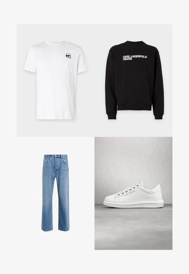 Schwarzer Sweatshirt mit rundem Halsausschnitt und gerippten Bündchen. Trägt den weißen Text "KARL LAGERFELD JEANS" auf der Vorderseite. Weiches Material.; Weiße Baumwoll-T-Shirt mit einem kleinen schwarz-weißen Grafikdesign auf der linken Brustseite. Klassischer Rundhalsausschnitt und kurze Ärmel.; Helle blaue Jeans im Geradeschnitt-Design, mit fünf Taschen, Knopfverschluss, minimaler Ausbleichung und kontrastierenden Nähdetails.; Weiße Leder Sneaker mit runder Spitze, glatter Textur, ausgestattet mit off-white Schnürsenkeln, silbernen Ösen und geprägtem Logo an der Seite.