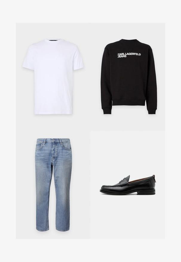 Schwarzer Sweatshirt mit rundem Halsausschnitt und gerippten Bündchen. Trägt den weißen Text "KARL LAGERFELD JEANS" auf der Vorderseite. Weiches Material.; Weißes Baumwoll-T-Shirt mit kurzen Ärmeln, rundem Halsausschnitt, mit einem dezenten eingeprägten Logo auf der linken Brust, glatte Textur.; Helle blaue Jeans mit geradem Schnitt, fünf Taschen, sichtbaren Nähten und einem Knopfverschluss an der Taille.; Schwarzer Leder-Herrenschuh mit Mokassinnaht, Penny-Riemen, strukturiertem Kragen und niedrigem gestapeltem Absatz auf weißem Hintergrund.