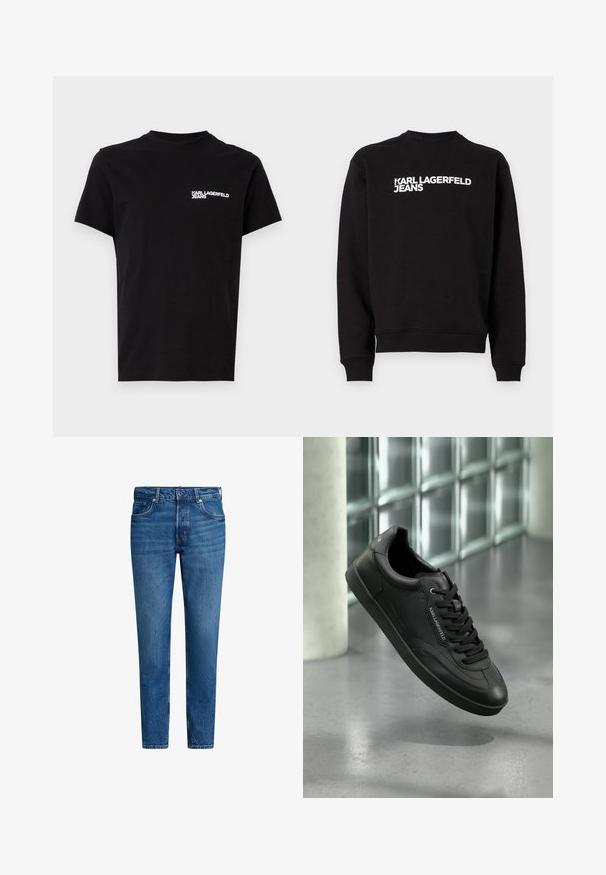 Must musträpiga sweatshirt ümmarguse kaelusega ja ribadega käistes. Esiosas on valge kiri "KARL LAGERFELD JEANS". Pehme materjal.; Must musta, mis on valmistatud puuvillast, laia kaelusega ja lühikeste varrukatega. Vasakul rinnal on silmatorkav valge logo tekst. Lihtne disain.; Sinine denimpüksid otse lõikega, millel on viis taskut, ees nööp sulgumine ja kontrastne oranž õmblus.; Mustast nahast toss, millel on tekstuuriga viimistlus, lamedad paelad, ümmargune varvas ja kummist tald. Küljel on logodetail.