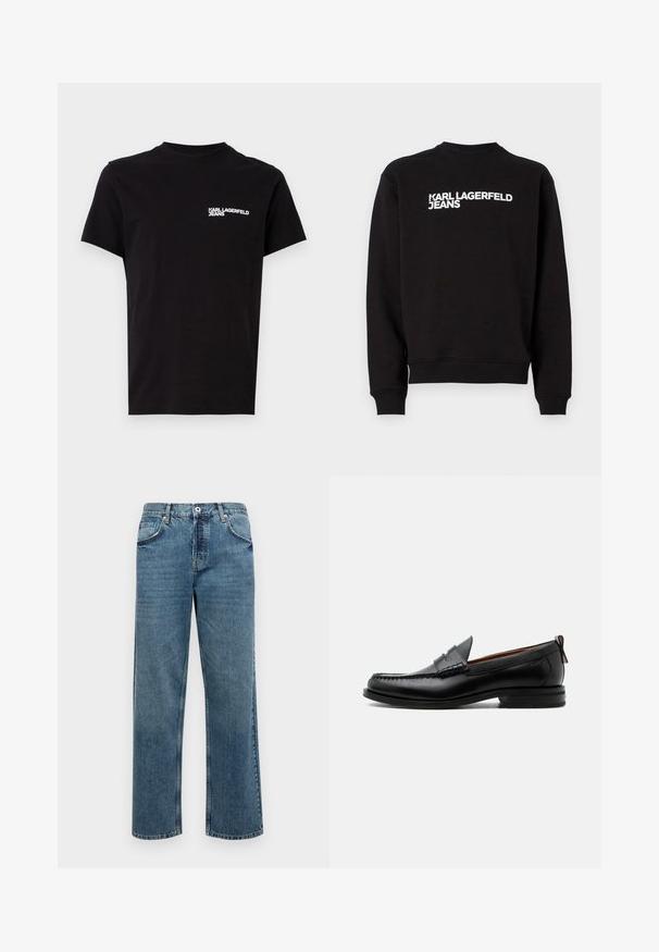 Sudadera negra con cuello redondo y puños acanalados. Presenta el texto blanco "KARL LAGERFELD JEANS" en la parte delantera. Material suave.; Camiseta negra de algodón, con cuello redondo y mangas cortas. Texto del logo en blanco destacado en el área del lado izquierdo del pecho. Diseño simple.; Pantalones vaqueros de denim azul con corte recto, que cuentan con cinco bolsillos, cierre de botón y cremallera, y detalles de costura visibles.; Mocasín de hombre de piel negra con costura moc toe, tira penny, cuello texturizado y tacón bajo apilado sobre fondo blanco.