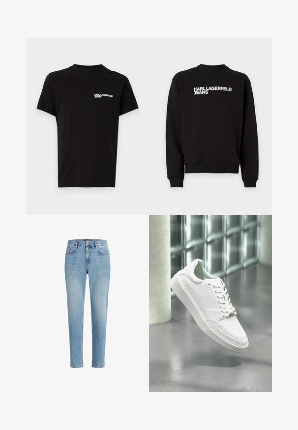 Sweatshirt noir avec un col rond et des poignets en côte. Présente le texte blanc "KARL LAGERFELD JEANS" sur le devant. Matière douce.; T-shirt noir en coton, avec un col ras du cou et des manches courtes. Texte logo blanc notable sur la zone de la poitrine gauche. Design simple.; Jeans en denim bleu clair avec une coupe décontractée, un design à cinq poches et un léger effet de vieillissement. Comprend une étiquette de marque près de la taille.; Baskets en cuir blanc avec un bout arrondi, une fermeture à lacets sur le devant et une semelle en caoutchouc plate. Présente des détails perforés et un accent discret du logo.