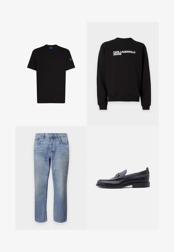 Sudadera negra con cuello redondo y puños acanalados. Presenta el texto blanco "KARL LAGERFELD JEANS" en la parte delantera. Material suave.; Camiseta de algodón negra con mangas cortas, escote redondo y un pequeño detalle de etiqueta en la manga izquierda. Textura suave, corte estándar.; Vaqueros de mezclilla azul claro con corte recto, diseño de cinco bolsillos, costuras visibles y cierre de botón en la cintura.; Mocasín de cuero negro con empeine gris texturizado, detalle de hebilla metálica plateada, tacón bajo y lengüeta para tirar en la parte trasera.