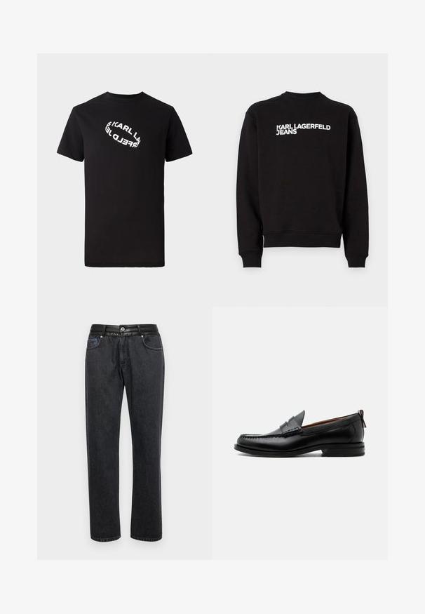 Čierna mikina s okrúhlym výstrihom a rebrovanými manžetami. Na prednej strane obsahuje biely nápis "KARL LAGERFELD JEANS". Mäkkó materiál.; Čierne bavlnené tričko s krátkymi rukávmi a okrúhlym výstrihom. Na prednej strane sa nachádza bielo deformovaný text loga.; Čierne džínsy s rovnou siluetou, so smooth koženým pásom, prednými vreckami a jemnými detailmi v prešívaní.; Čierny kožený pánsky mokasín s prešitím moc toe, penny remienkom, textúrovaným golierom a nízkym vrstveným podpätkom na bielom pozadí.