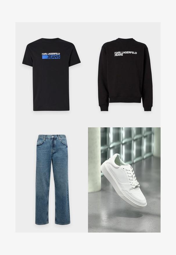 Musta huppari, jossa on pyöreä kaula-aukko ja resorit. Edessä valkoinen teksti "KARL LAGERFELD JEANS". Pehmeä materiaali.; Mustat puuvillapaidat, joissa on edessä valkoinen ja sininen graafinen logo-teksti "KARL LAGERFELD JEANS". Lyhyet hihat, pyöreä pääntie.; Siniset farkut suoran leikkauksen kanssa, viidellä taskulla, nappi- ja vetoketjukiinnityksellä, sekä näkyvät ompeluyksityiskohdat.; Valkoinen nahkainen tennari pyöreällä kärjellä, nauhallisella edessä ja tasaisella kumipohjalla. Siinä on rei'itetyt yksityiskohdat ja hillitty logokoriste.