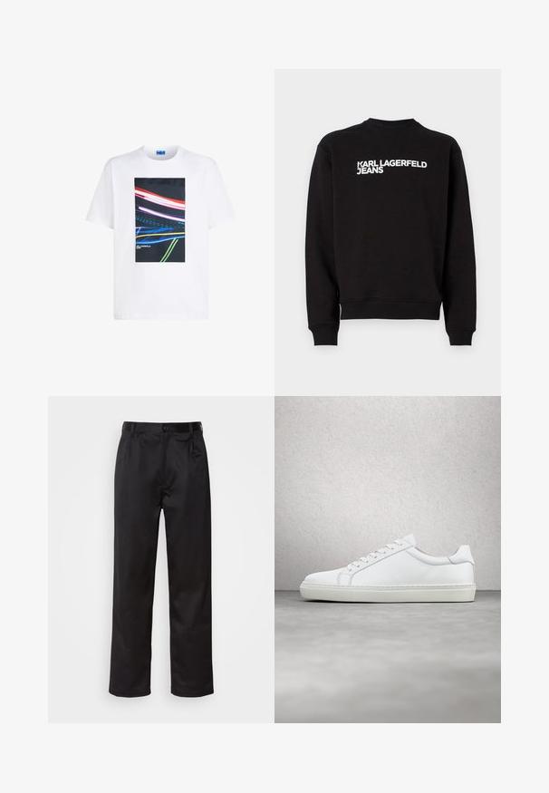 Sudadera negra con cuello redondo y puños acanalados. Presenta el texto blanco "KARL LAGERFELD JEANS" en la parte delantera. Material suave.; Camiseta de algodón blanca con un gráfico rectangular central que presenta franjas de luz coloridas en rojo, azul y verde sobre un fondo negro.; Pantalones negros de tela suave, con cierre delantero de botón, pliegues y patas rectas. Sin patrones ni acentos visibles.; Zapatilla blanca con parte superior de cuero liso y perfil bajo. Presenta una puntera redondeada, seis ojales y una suela de goma texturizada.