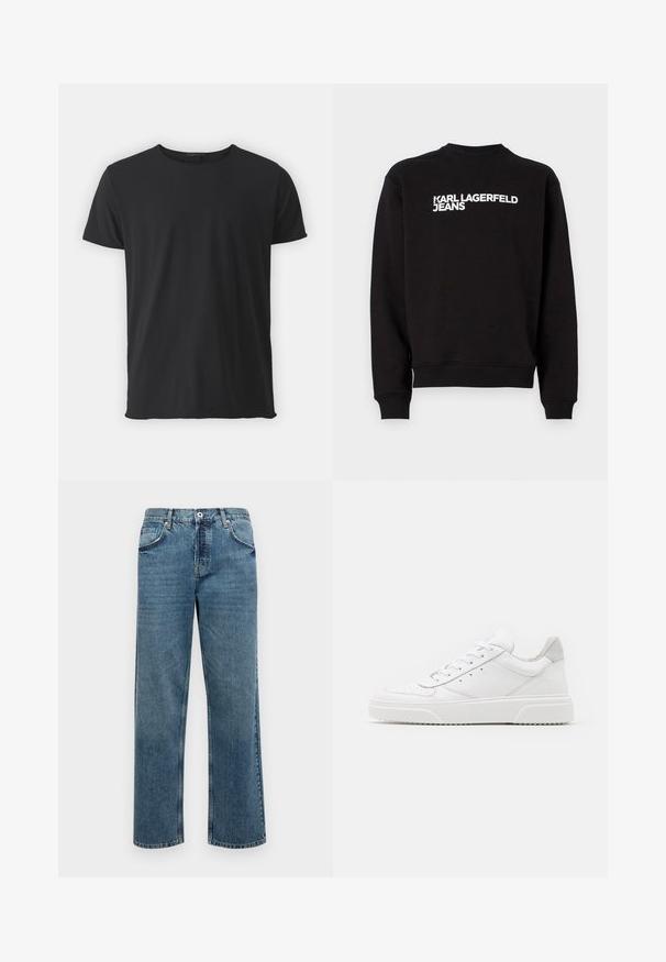 Sort sweatshirt med rund hals og ribbede manchetter. Har hvid tekst "KARL LAGERFELD JEANS" på forsiden. Blødt materiale.; Sort kortærmet t-shirt lavet af blødt bomuld, med en klassisk rund halsudskæring og en glat tekstur, samt en lige pasform.; Blå denimjeans med lige pasform, der har fem lommer, en knap- og lynlåslukning samt synlige stikninger.; Hvide lædersneakers med en glat finish, rund tå, flade snørebånd og en struktureret sål. Grå ruskindsdetalje ved hælen.