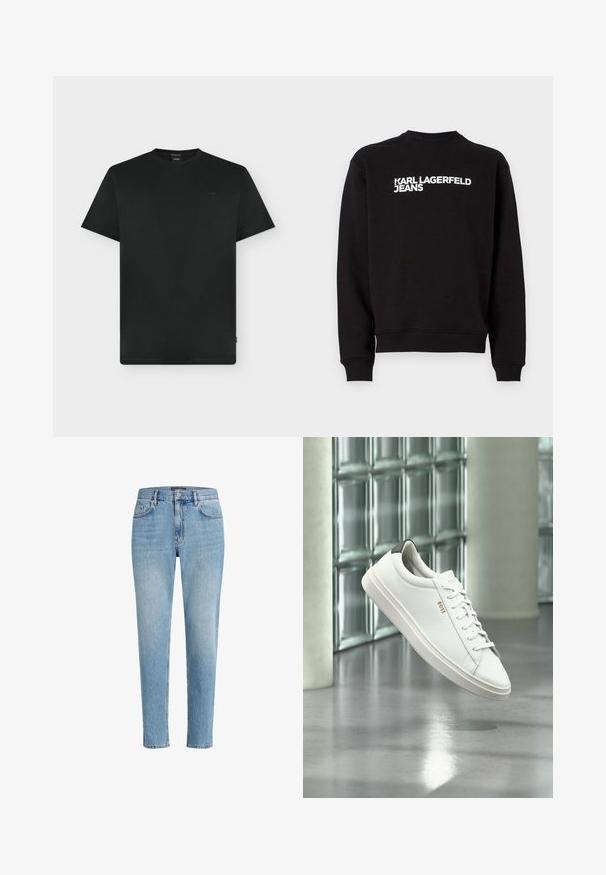 Sudadera negra con cuello redondo y puños acanalados. Presenta el texto blanco "KARL LAGERFELD JEANS" en la parte delantera. Material suave.; Camiseta negra lisa de manga corta y cuello redondo con logo de la marca en relieve sutil en el pecho izquierdo y pequeña etiqueta lateral.; Jeans de mezclilla azul claro con un ajuste relajado, diseño de cinco bolsillos y un ligero desgaste. Presenta una etiqueta de marca cerca de la cintura.; Zapatilla deportiva de piel blanca de corte bajo con cordones, lengüeta negra en el talón y logo "BOSS", flotando en interiores cerca de una pared de bloques de vidrio y suelo pulido.