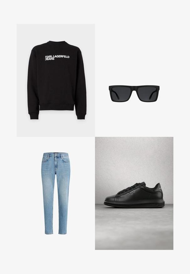 Schwarzer Sweatshirt mit rundem Halsausschnitt und gerippten Bündchen. Trägt den weißen Text "KARL LAGERFELD JEANS" auf der Vorderseite. Weiches Material.; Hellblaue Denim-Jeans mit einem lässigen Schnitt, Fünf-Taschen-Design und dezenten Abnutzungserscheinungen. Mit einem Markenpatch nahe der Taille.; Person trägt schwarze Karl Lagerfeld Sneakers mit schwarzer Hose und steht auf einem Holzdielenboden vor einer weißen vertäfelten Wand.; Schwarze rechteckige Sonnenbrille mit dicken Rahmen und dunkel getönten Gläsern vor weißem Hintergrund.