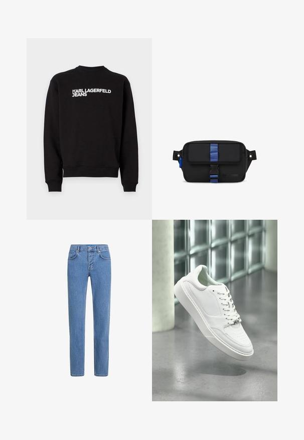 Must musträpiga sweatshirt ümmarguse kaelusega ja ribadega käistes. Esiosas on valge kiri "KARL LAGERFELD JEANS". Pehme materjal.; Heled sinine teksariie sirge sääre disainiga, viie tasku ja nööbikinnitusega. Kangas on tekstuurse pinnaga ja kerge pleekimisega.; Valge nahast vabaajajalanõu ümara ninaga, paeltega ees ja tasase kummitaldaga. Omaduseks on perforatsioonid ja peen logo.; Must mustra kott, millel on ristkülikuline kuju, sinine rihm ja lukustus, külgloop ning esipaneelil reljeefne logo.