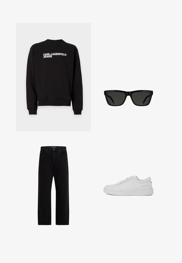 Čierna mikina s okrúhlym výstrihom a rebrovanými manžetami. Na prednej strane obsahuje biely nápis "KARL LAGERFELD JEANS". Mäkkó materiál.; Čierne denimové nohavice s voľným strihom, ktoré majú štandardný dizajn s piatimi vreckami, zapínanie na gombík a jemné vyšívanie značky.; Biele kožené tenisky s klasickým nízkym strihom, plochou podrážkou a diskrétnym logom značky na päte. Obsahujú päť kovových očiek na šnúrky.; Čierne slnečné okuliare s obdĺžnikovým tvarom, lesklým plastovým rámom, tmavými sklami a elegantným dizajnom straníc, vhodné pre rôzne tvary tváre.