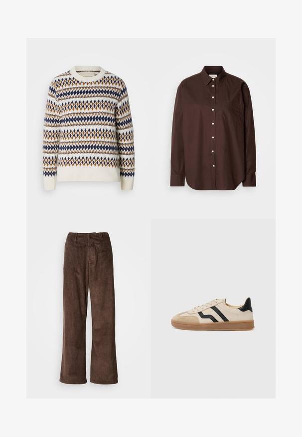 Witte trui met een geometrisch patroon in marineblauw, oranje en bruin. Heeft een ronde halslijn en ribgebreide manchetten en onderrand. Zachte textuur.; Bruine button-down shirt van katoen, met lange mouwen, een borstzak, witte knopen en een klassiek kraagontwerp.; Bruine corduroy broek met een wijd beenontwerp, met verticale ribbels en een tailleband. De stof heeft een zachte, gestructureerde uitstraling.; Beige sneaker met zwarte strepen, suède neus en hiel accenten, textuur rubberen zool en platte veters. Minimalistisch ontwerp en neutrale kleuren.