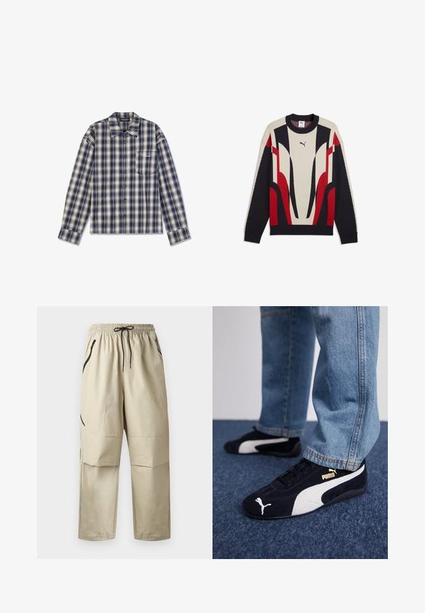 Langærmet Puma-sweater med rund hals, med beige, sort og røde abstrakte geometriske mønstre på fronten og ærmerne.; Langærmet ternet skjorte i marineblå og crème med knaplukning foran, krave og en lille brystlomme med hvid tekst.; Beige letvægtsbukser med elastisk taljebånd, sort snøre og lynlåslommer i siderne, vist forfra på ensfarvet baggrund.; Sorte ruskinds sneakers med hvide detaljer og et guldlogo. Båret med lyseblå denimjeans og sat på en struktureret blå overflade.