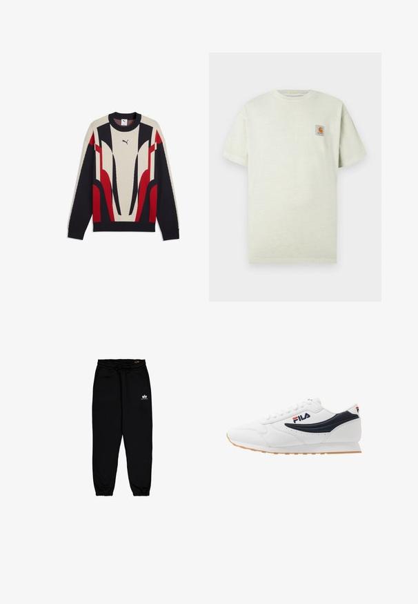 Sweat-shirt Puma à manches longues avec col rond, présentant des motifs géométriques abstraits beige, noir et rouge sur le devant et les manches.; T-shirt en coton vert clair avec des manches courtes, un col rond et un petit patch carré avec un logo sur la poitrine gauche. Texture douce.; Pantalons de jogging noirs en tissu doux et extensible. Comprend une taille élastique avec cordon de serrage et des poignets élastiques. Petit logo blanc sur la hanche.; Baskets blanches avec des accents bleu marine, en matériau semblable à du cuir, au design à lacets, avec un logo bien en vue, dotées d'une semelle en caoutchouc texturée et de détails perforés.