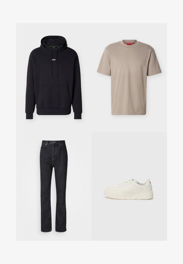 Schwarzer Kapuzenpullover mit einer Fronttasche und weißem "BOSS"-Logo auf der Brust. Hergestellt aus weichem Stoff mit gerippten Bündchen.; Beige T-Shirt mit kurzen Ärmeln und Rundhalsausschnitt, mit dezentem, eingeprägtem "HUGO"-Logo auf der Brust und rotem Etikett im Nacken.; Hochtaillierte schwarze Jeans aus Denim mit Knopf- und Reißverschluss, Vorder- und Hintertaschen sowie einer geraden Passform.; Weißes Sneaker-Modell mit einer glatten Lederoberfläche, runder Zehenpartie, flachen Schnürsenkeln und einer strukturierten Gummisohle. Ein roter Akzent befindet sich an der Ferse.