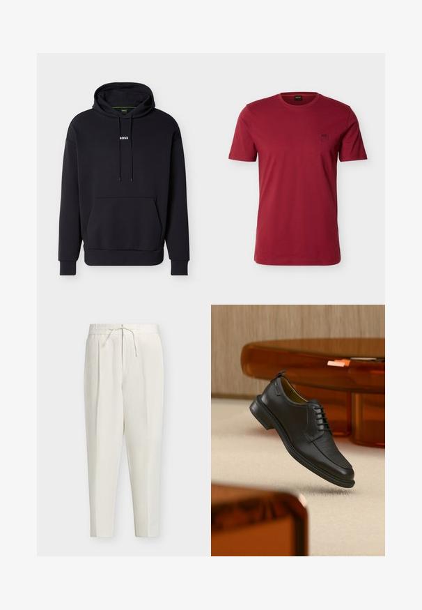 Sweat-shirt noir à capuche, avec une poche avant et un logo blanc "BOSS" sur la poitrine. Fabriqué en tissu doux avec des poignets côtelés.; T-shirt pour homme rouge uni à manches courtes et col rond, avec un petit logo embossé sur la poitrine gauche, présenté sur fond blanc.; Pantalon écru fuselé avec taille élastique, plis devant et cordon réglable à la taille.; Chaussure habillée noire en cuir à lacets avec devant texturé, flottant au-dessus d'un tapis beige dans une pièce moderne avec des meubles teintés d'ambre.
