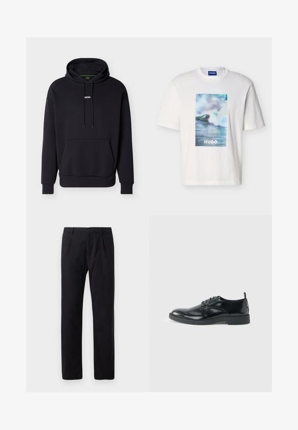 Schwarzer Kapuzenpullover mit einer Fronttasche und weißem "BOSS"-Logo auf der Brust. Hergestellt aus weichem Stoff mit gerippten Bündchen.; Weißes T-Shirt mit kurzen Ärmeln, vorne mittig mit einer Grafik von Ozeanwellen in Blau, Grün und Weiß sowie dem Schriftzug "HUGO".; Schwarze Hosen aus Baumwollmischung mit klassischem geradem Schnitt, Knopfverschluss und ohne sichtbare Muster oder Verzierungen.; Glänzender schwarzer Lederschuh mit niedrigem Absatz, Schnürverschluss und runder Kappe, seitlich auf hellem, schlichten Hintergrund gezeigt.