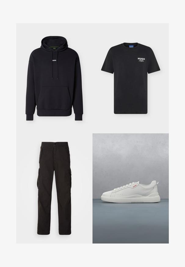 Sort hættetrøje med hætte, forlomme og hvid "BOSS"-logo på brystet. Fremstillet af blødt stof med ribbede manchetter.; Sort T-shirt med korte ærmer og rund halsudskæring med lille hvidt "HUGO" logo og tekst på øverste venstre bryst.; Sorte cargobukser med lige pasform, elastisk talje, flere sidelommer og et struktureret stof for holdbarhed.; Hvide sneakers med en glat læderfinish, rund tå, fire snørehuller, subtile perforeringer og en rød logo detalje på siden.