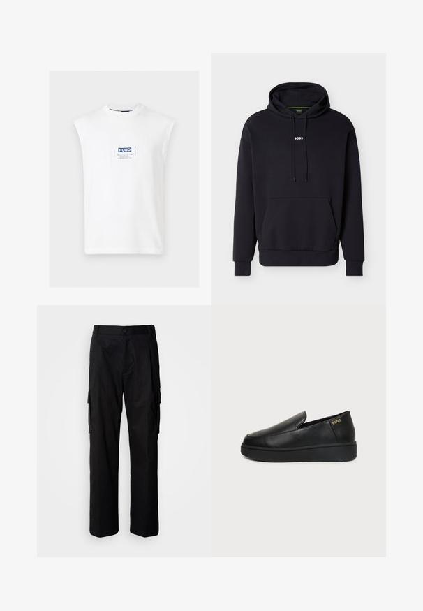 Sweat-shirt noir à capuche, avec une poche avant et un logo blanc "BOSS" sur la poitrine. Fabriqué en tissu doux avec des poignets côtelés.; T-shirt blanc sans manches à col rond avec un patch rectangulaire centré du logo HUGO en bleu et blanc sur la poitrine.; Pantalon cargo noir à coupe décontractée, avec poches latérales, fermeture par bouton, et tissu léger et lisse.; Chaussure noire en cuir à enfiler avec semelle épaisse et petits trous de ventilation latéraux, avec un logo doré "HUGO" près du talon.
