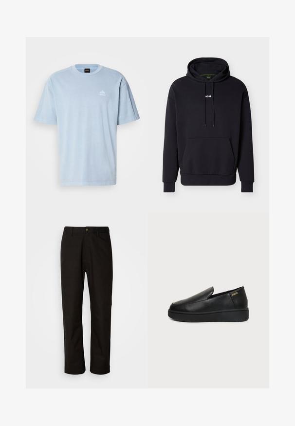 Sort hættetrøje med hætte, forlomme og hvid "BOSS"-logo på brystet. Fremstillet af blødt stof med ribbede manchetter.; Lyseblå bomulds T-shirt med rund hals, korte ærmer og et lille hvidt logo på venstre brystområde. Blødt materiale og afslappet pasform.; Sorte bomuldsbukser med lige pasform, bæltestropper, lynlås foran og en enkelt knappelukning. Glat tekstur uden synlige mønstre.; Sort læder slip-on sko med tyk sål og små sideventilationshuller, med gulddetalje "HUGO" logo nær hælen.